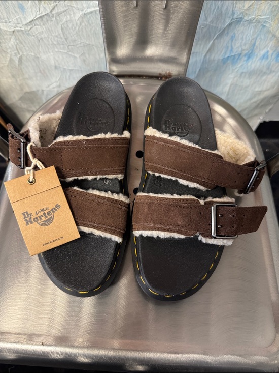 Dr. Martens Shoes - Dr. Martens Brown Suede Shearling Buckle Sandals with Black Footbed